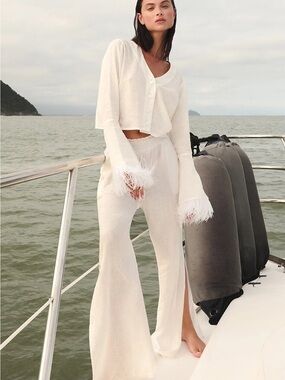 Linen Feather-Trim top and White Wide-Leg pants set